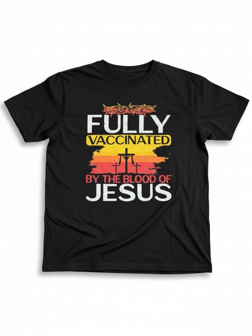 Fully Vaccinated by the Blood of Jesus Black Graphic Tee medium